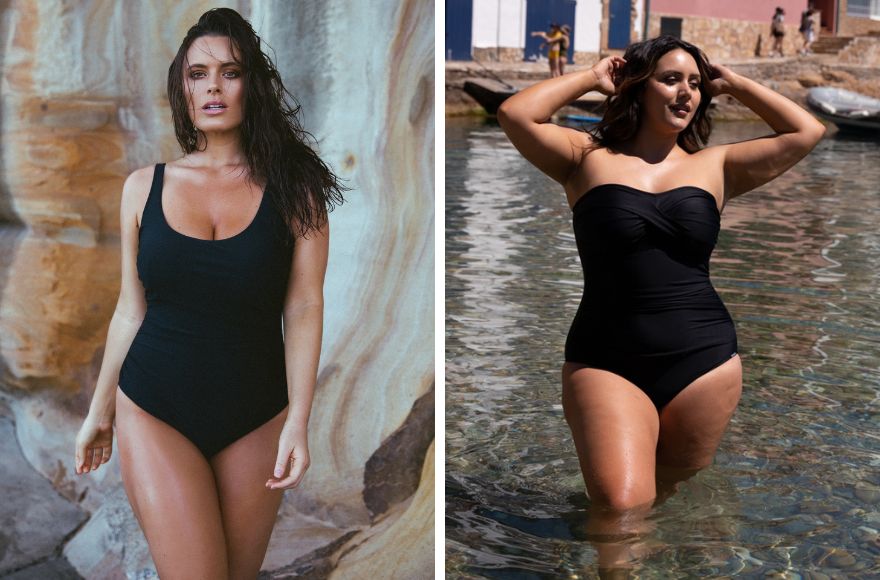 Image 1 - Brunette woman wears black scoop underwire one piece swimsuit. Image 2 - Brunette model wears black strapless one piece swimsuit