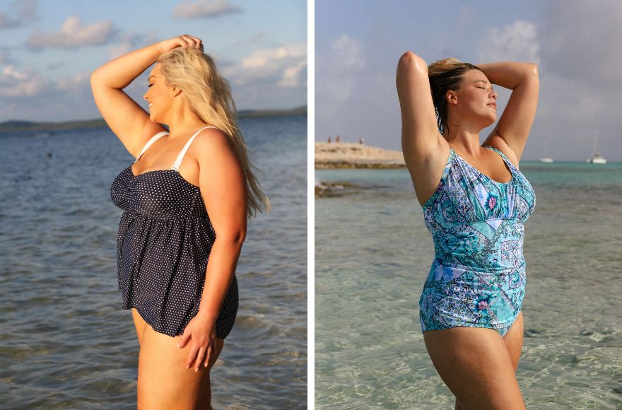 Woman with long blonde hair wears navy and white dots underwire swing tankini top. Woman with short blonde hair wears blue patchwork underwire tankini top and matching pants