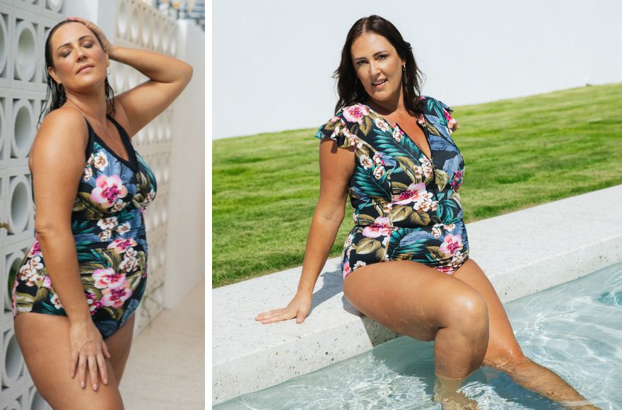 Woman with brown hair poses by the pool wearing Waikiki tropical floral swimwear