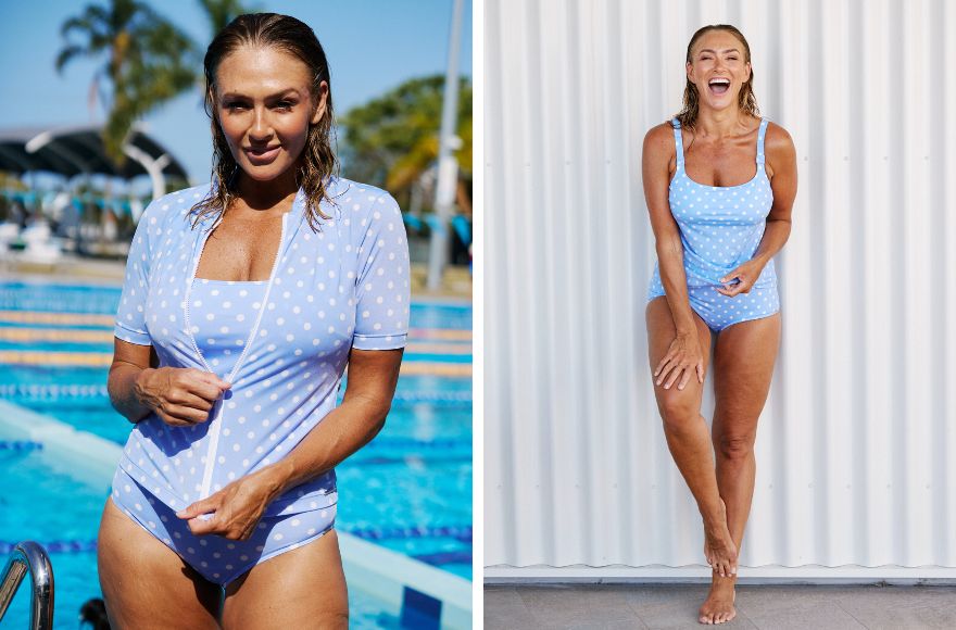 Woman wears different styles of powder blue swimwear separates with white polkadots