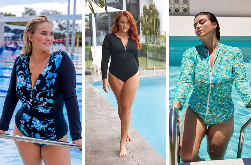 3 women wear different styles of long sleeve swimwear at the pool 