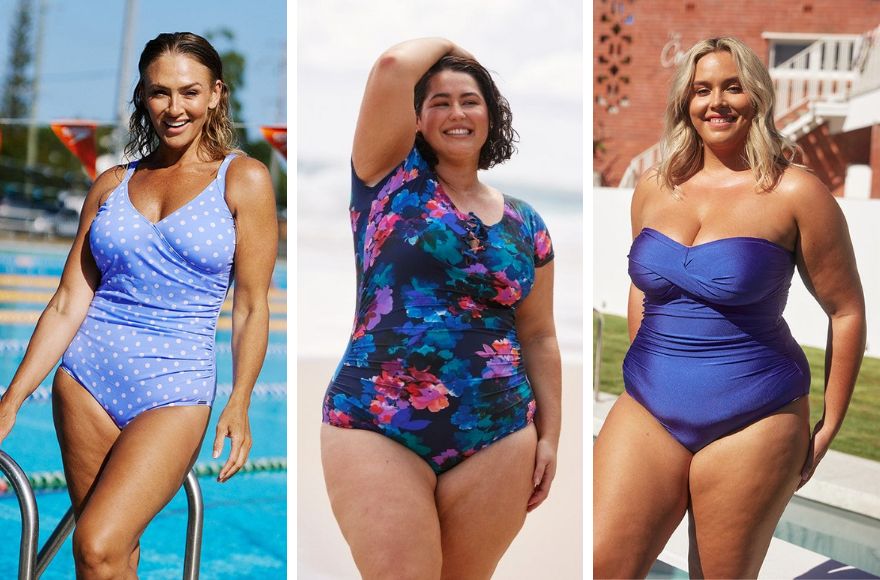 3 women pose by the pool wearing different styles of one piece swimsuits
