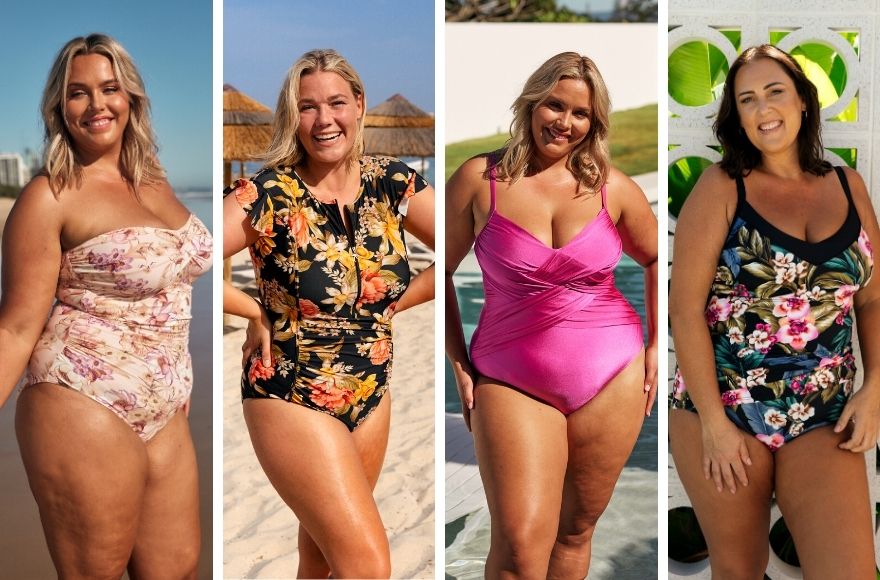 4 women wear different styles of one piece swimsuits in different floral designs