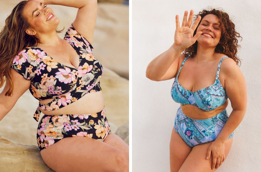 Woman with long brown hair wears black and pink floral crop top bikini with high waisted pants