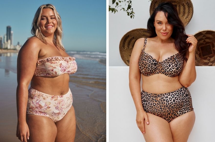 Woman with blonde hair wears pale pink floral strapless bikini top and high waisted pant. Woman with long brown hair wears leopard print underwire bikini top and high waisted pant