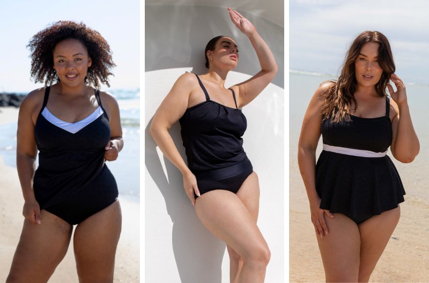 3 women wear different styles of black and white tankini tops