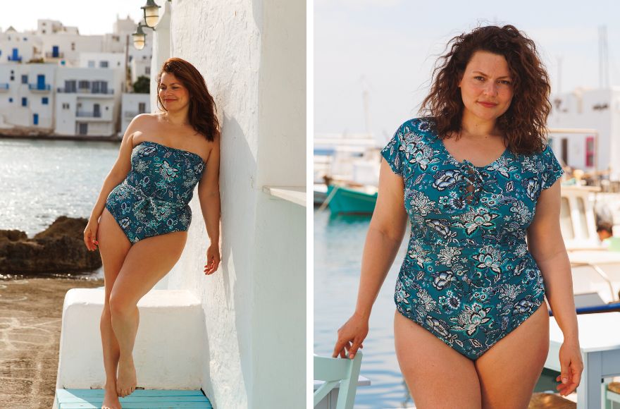 Woman with brown curly hair wears teal and white floral one piece swimsuits