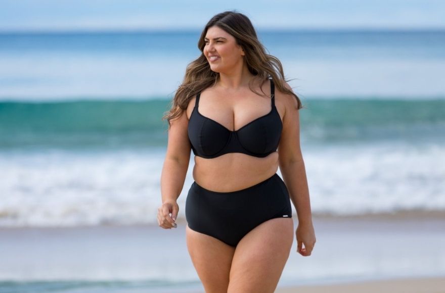 Woman with long brown hair wears black underwire bikini top and high waisted pants