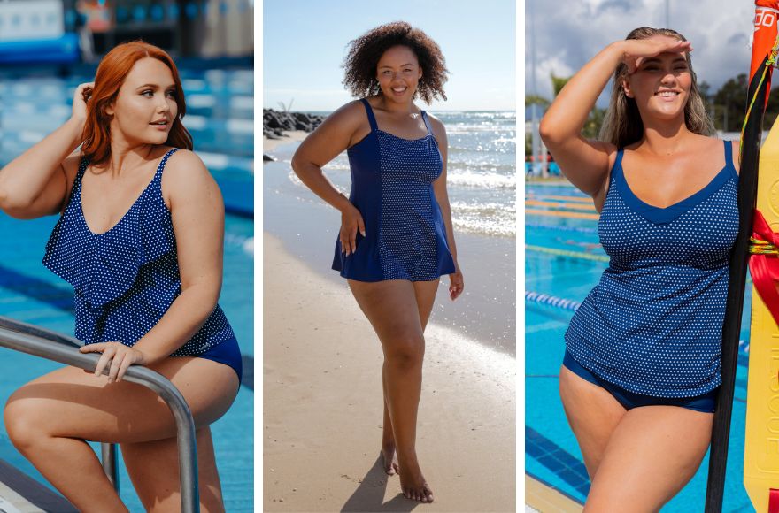 3 women wear different styles of chlorine resistant navy and white dots swimwear