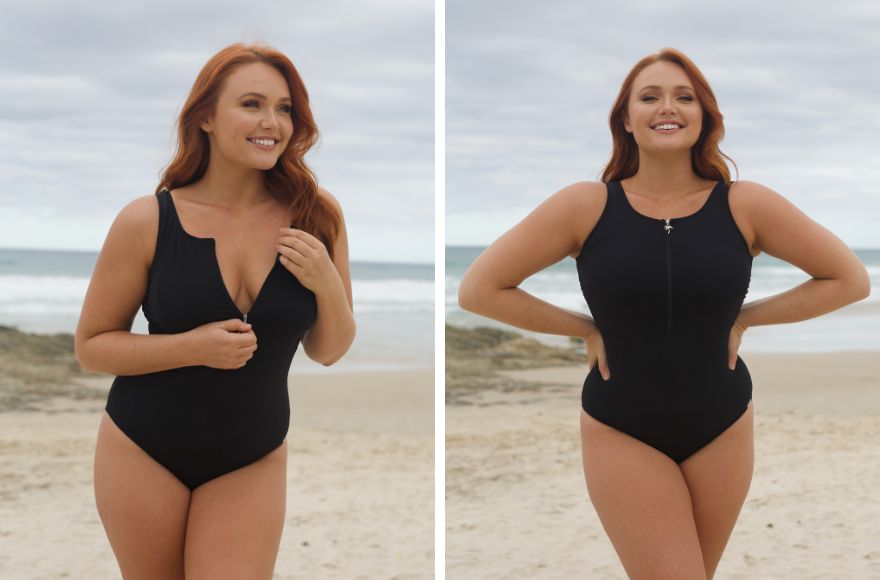 Woman with red hair wears black sleeveless one piece with zip front closure