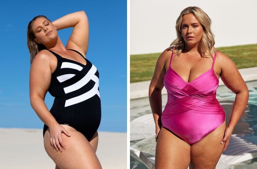 woman wears black and white criss cross one piece. Woman wears hot pink metallic criss cross one piece swimsuit