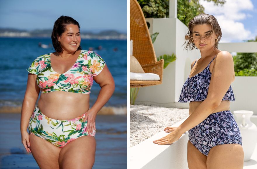 Woman with short brown hair wears Bora Bora White floral crop wrap top and high waisted pant. Woman with short brown hair wears Navy Floral frill bikini top and high waisted pant. 