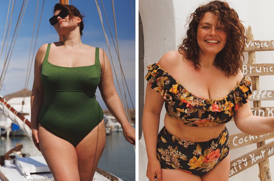 Brunette woman wears Acapulco Fresh green square neck one piece swimsuit. Woman with curly brown hair wears Frenchy Black off the shoulder double frill bikini top with high waisted pant