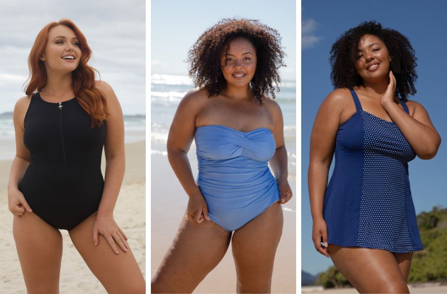 Image 1 - Red haired model wears black sleeveless zip up one piece. Image 2 - Brunette woman wears light blue metallic strapless swimsuit. Image 3 - Brunette woman wears navy and white dots swim dress.