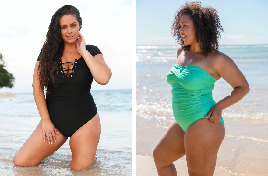 brunette woman poses on the beach wearing black short sleeve tie front one piece swimsuit. Brunette woman poses on the beach wearing metallic green twist front bandeau strapless one piece swimsuit