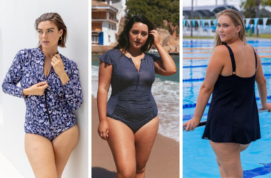 Image 1 - Brunette woman wears navy floral long sleeve rash vest and high waisted pant. Image 2 - Brunette model wears navy and white polkadot frill sleeve one piece. Image 3 - Blonde model wears black wide strap swim dress