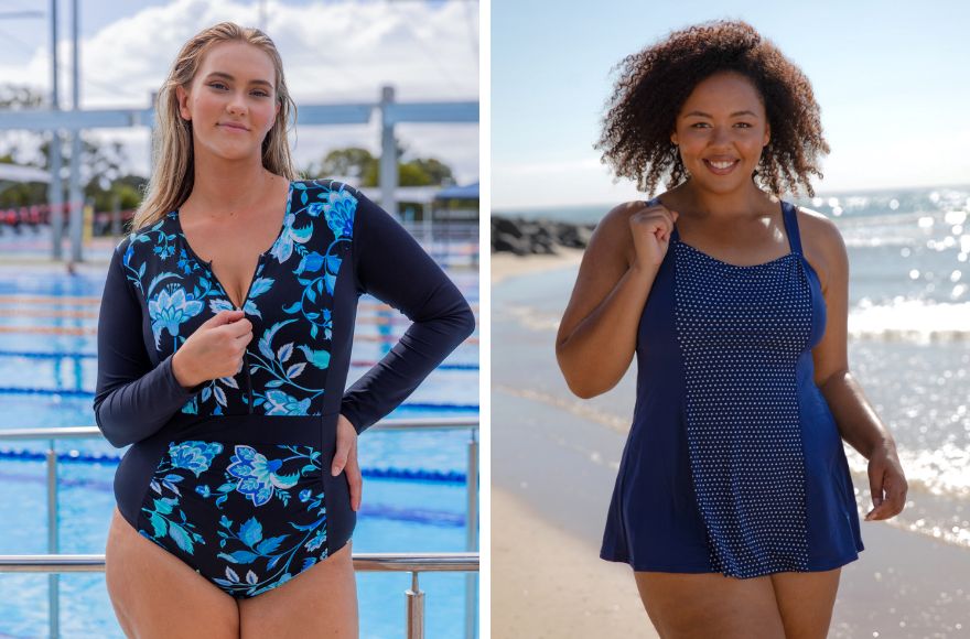 Blonde woman poses by the pool wearing long sleeve Corsica Turquoise one piece swimsuit. Brunette woman poses on the beach wearing navy and white dots wide strap swim dress. 