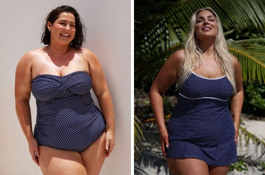 two women wear navy and white polka dot bathing suits