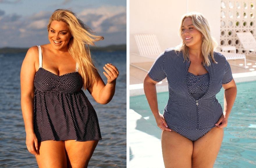 Two women with blonde hair wear navy and white polka dot swimsuits