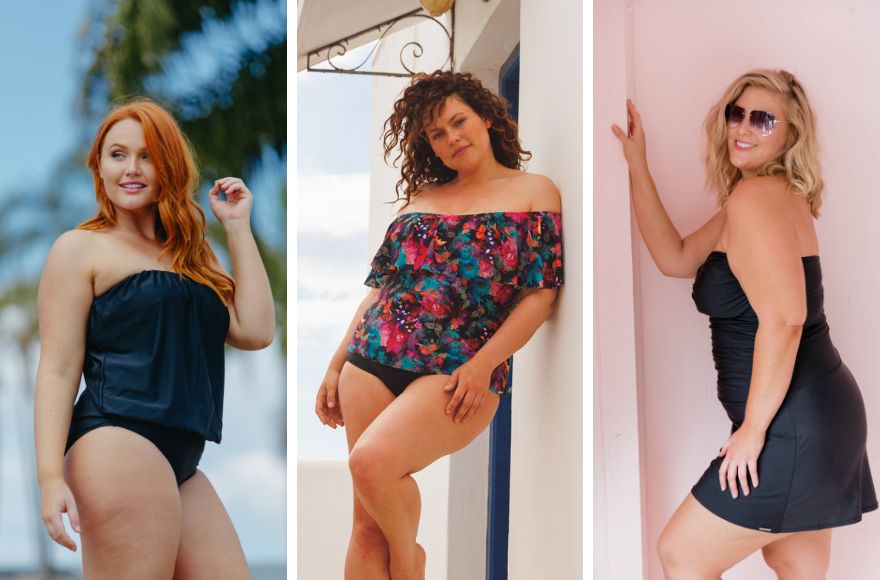 Image 1 Red haired model wears black flouncy one piece. Image 2 - Brunette woman wears Midnight Garden off the shoulder tankini top and black pant. Image 3 - blonde woman wears black strapless bandeau swim dress