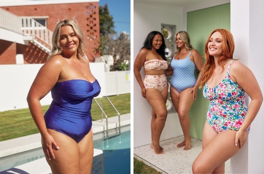 Woman with blonde hair poses by the pool wearing blue metallic strapless one piece swimsuit. 3 women pose together wearing swimwear