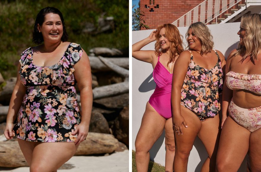 4 women wear different styles of swimsuits suitable for wide hips and thighs