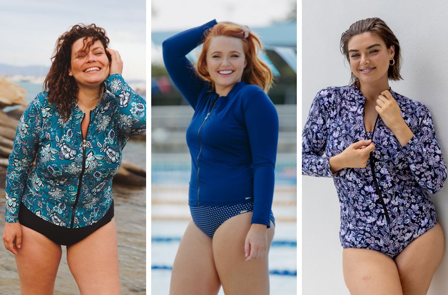 Image 1 - brunette woman wears Sardinia teal and white floral long sleeve rash vest. Image 2 - Red haired woman wears Navy chlorine resistant long sleeve rashie. Image 3 - Brunette woman wears Navy Floral long sleeve zip up rash shirt