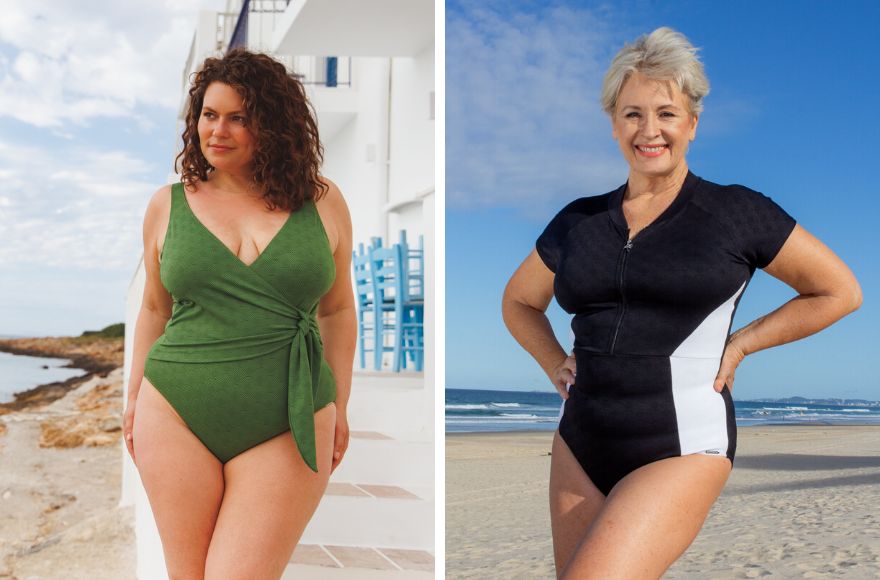Brunette woman wears Acapulco Fresh green faux wrap tie one piece swimsuit. Blonde woman wears Acapulco black and white cap sleeve zip up one piece