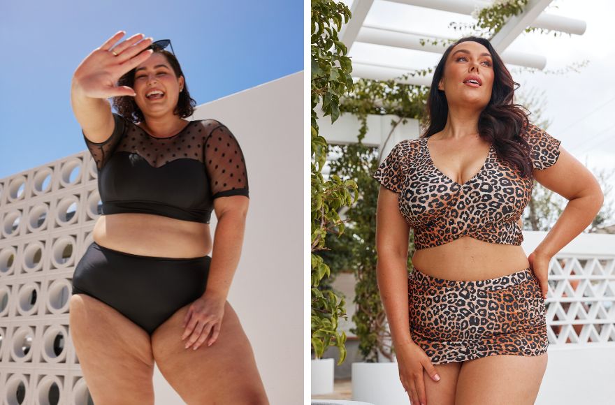 woman with short brown hair wears black mesh polka dot crop top and high waisted pants. Woman wears leopard print short sleeve crop top and skirted pant