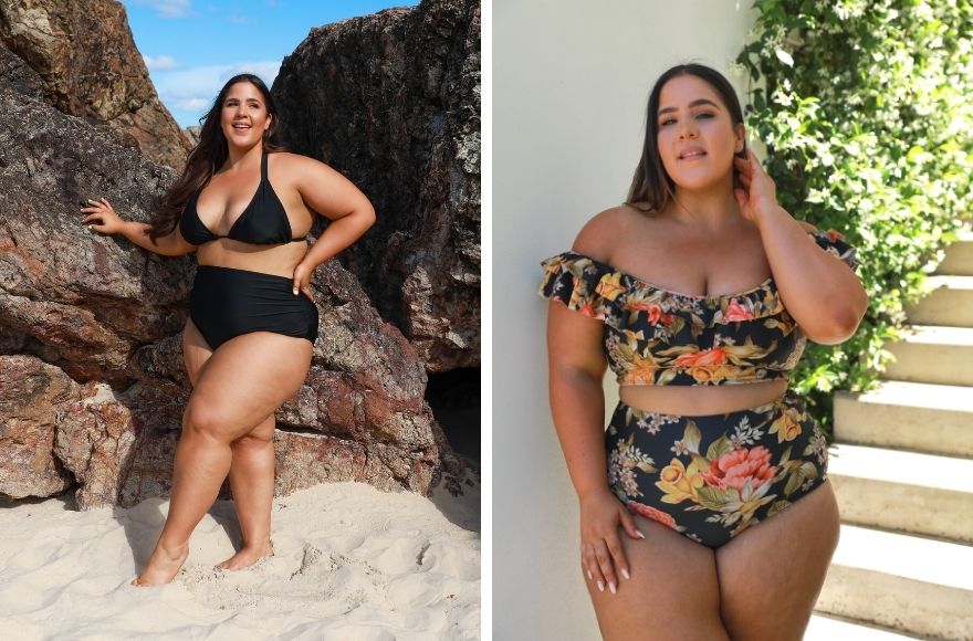 Woman with long brown hair wears black triangle bikini top and high waist pants. Woman with long brown hair wears black and floral off the shoulder bikini top and high waist pant