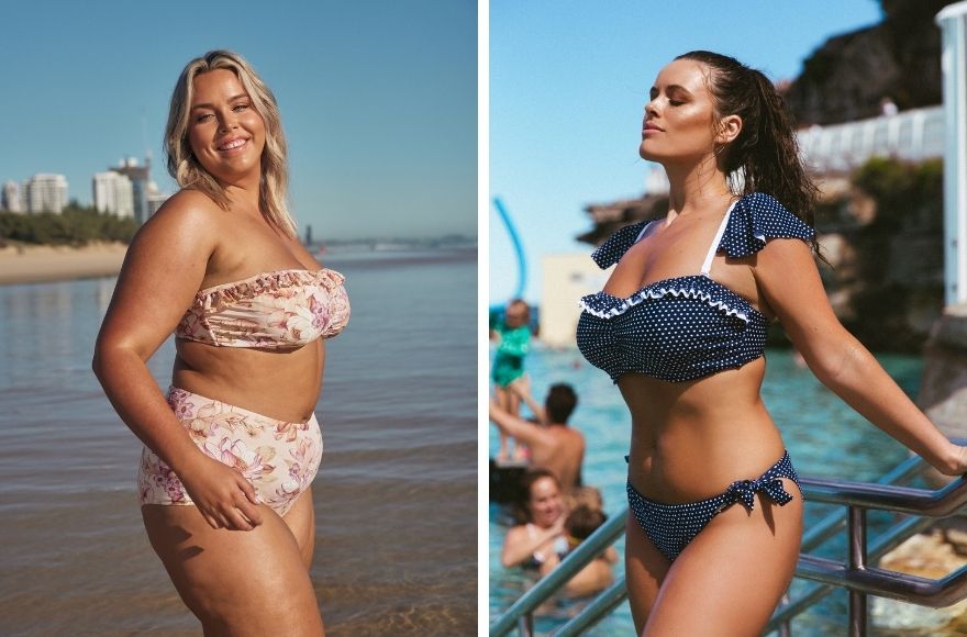 woman with blonde hair wears pale pink floral strapless bikini top and high waist pant. Woman with brown hair wears navy and white polka dot bikini top and tie side pant