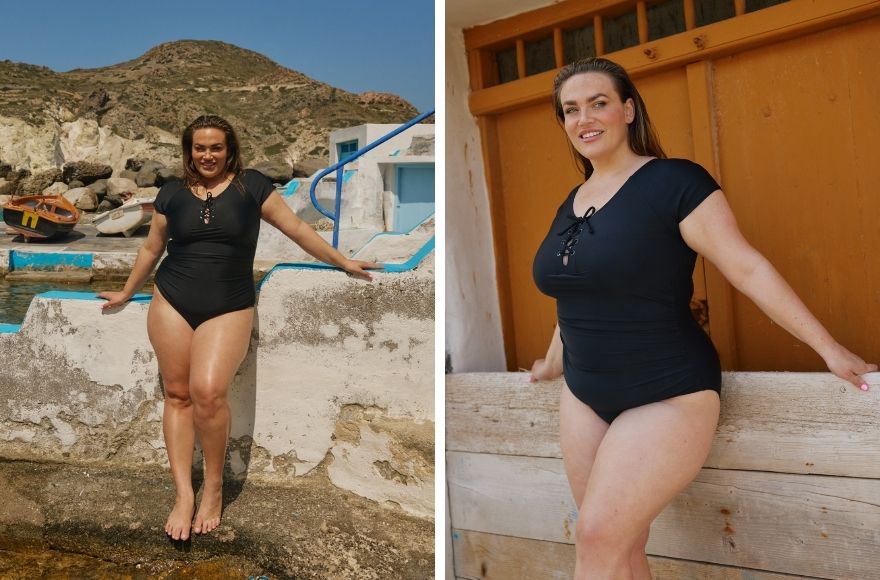 two images of a woman wearing black short sleeve tie front one piece swimsuit