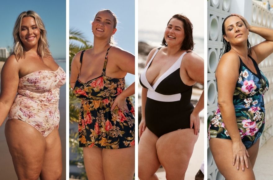 four women pose in different styles of swimwear
