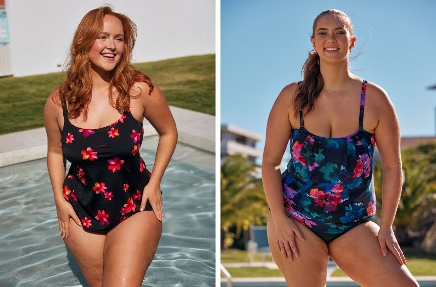 Two women pose by the pool wearing floral printed tankini tops