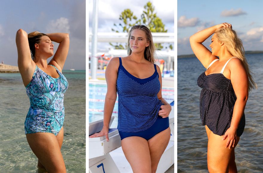 3 women wear different styles of tankini swimwear