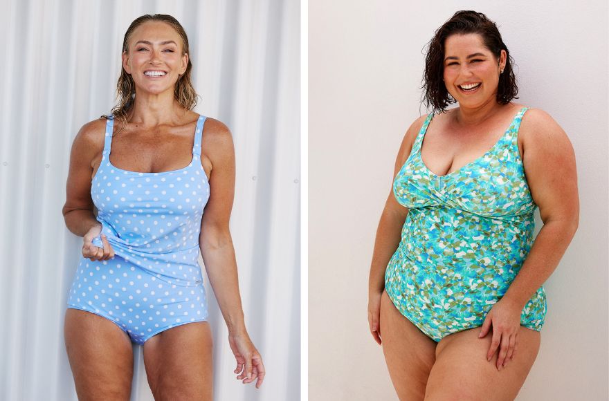 Two women wear blue tankini top with matching high waisted pants