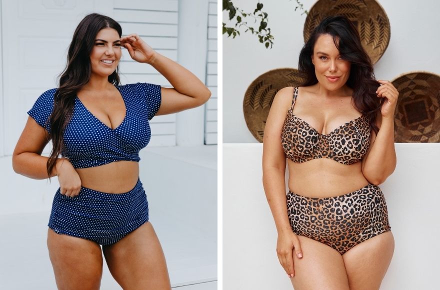 Woman with long brown hair wears navy and white polkadots crop top and skirted pant. Woman with long brown hair wears leopard print underwire bikini top and high waisted pant
