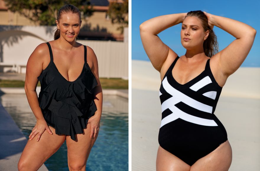 2 women wear black one piece plus size swimsuits with tummy control