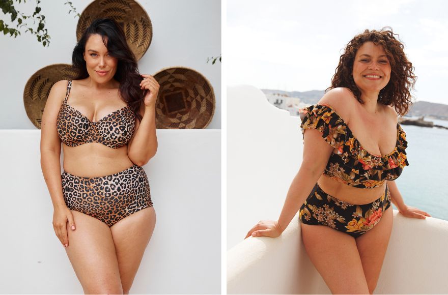 woman with long brown hair wears Leopard print underwire bikini top and high waisted pants. woman with curly brown hair wears Frenchy Black off the shoulder double frill bikini top and high waisted pants