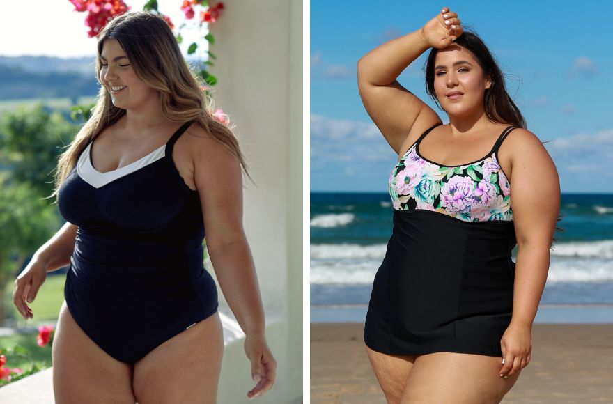 brunette woman poses on a balcony wearing black and white underwire one piece swimsuit. Brunette woman poses on the beach wearing Positano black floral underwire swim dress