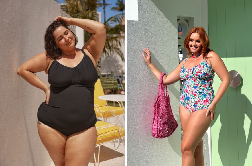 Woman with dark brown hair wears underwire black one piece swimsuit. Woman with long red hair wears bright floral underwire one piece swimsuit.