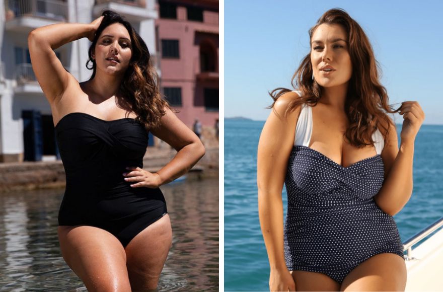 Woman with long brown hair wears black strapless swimsuit. Woman with long brown hair wears navy and white polka dot one piece swimsuit