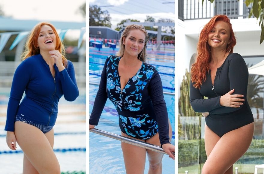 3 women wear different styles of chlorine resistant long sleeve swimsuits