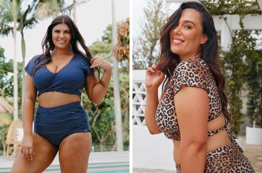 Woman with long brown hair wears navy and white polkadot crop wrap bikini top with matching high waisted pants. Woman with long brown hair wears leopard print crop wrap bikini top with matching high waisted pants