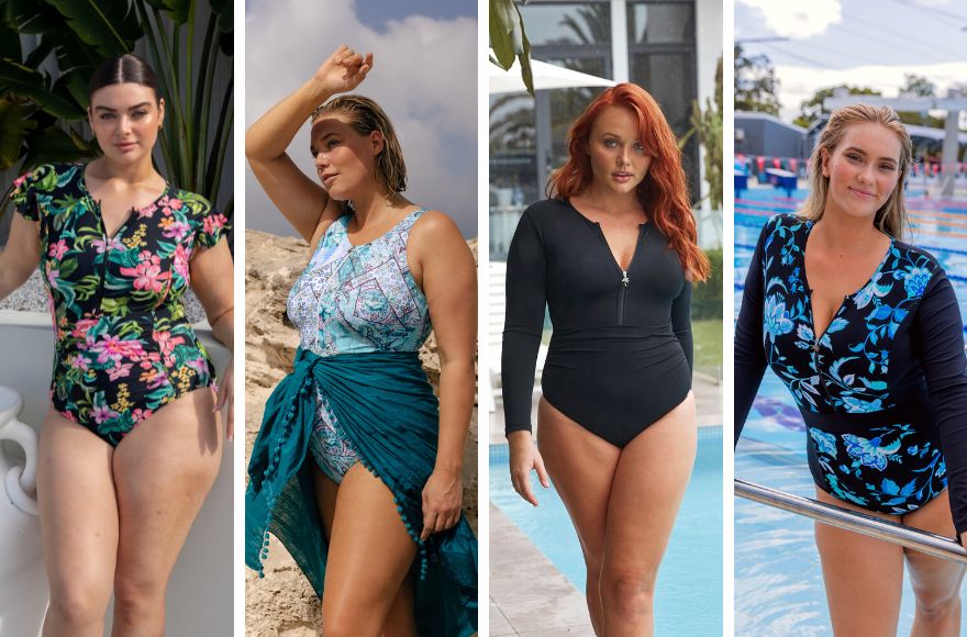 4 different women wear different styles of breastfeeding swimsuits with zip front closures
