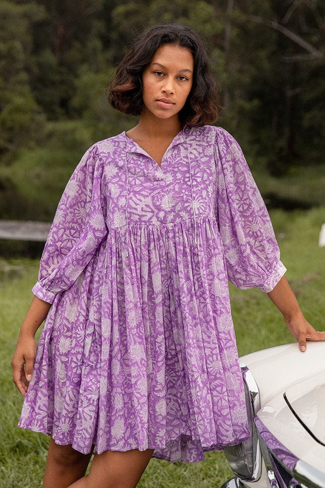 Mini Puff Sleeve Boho Beach Dress in Lilac