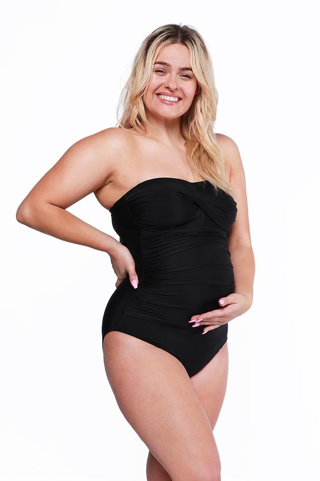 Twist Front Black Maternity Bandeau One Piece Swimsuit