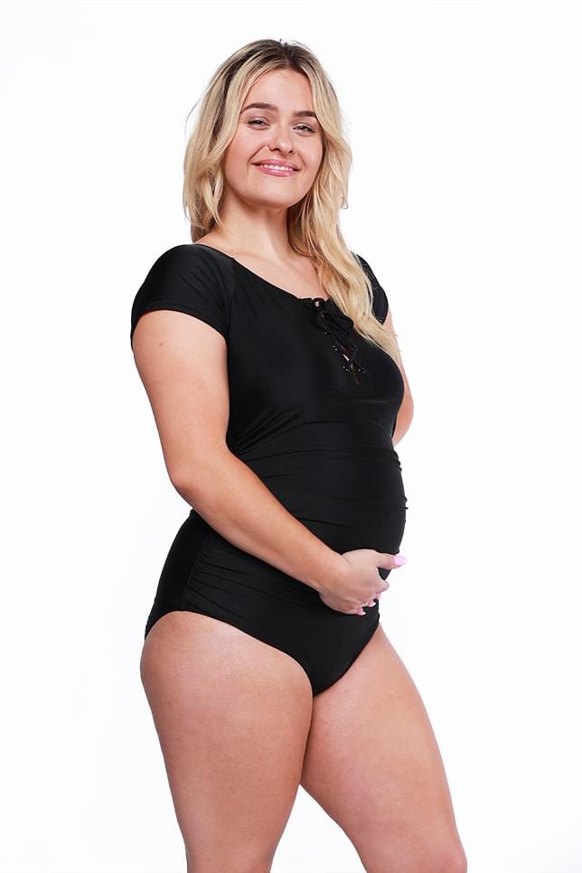 Black Short Sleeve Tie Maternity One Piece Swimwear