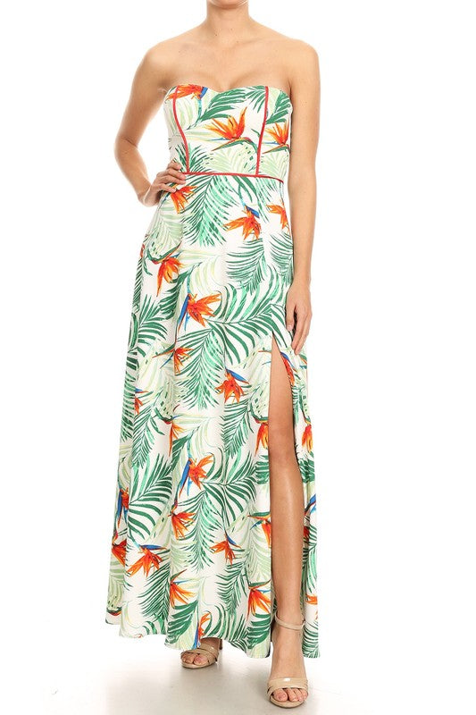 strapless tropical dress