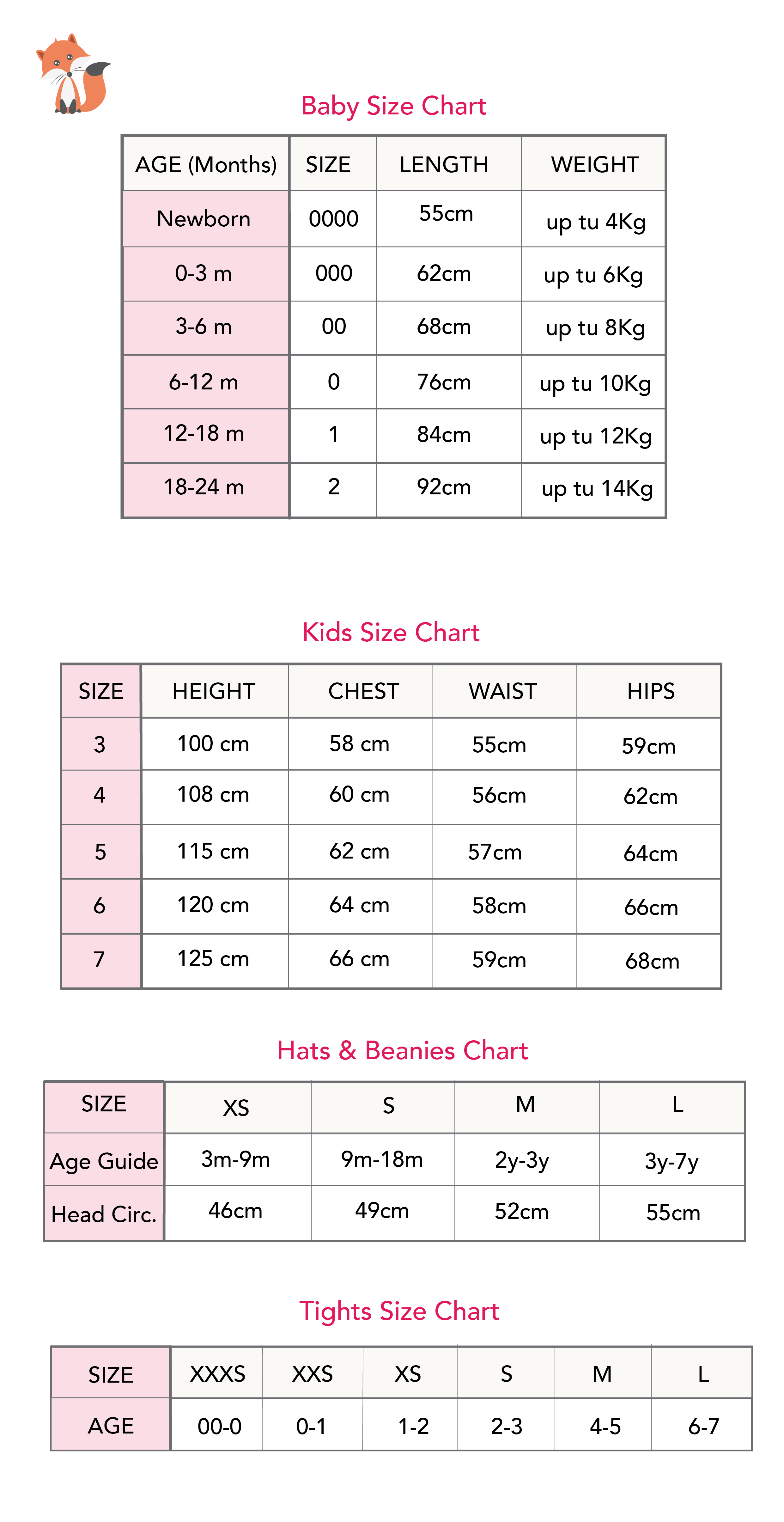 Size Chart Kids Baby Clothing Hat Tights-Prairie Fox